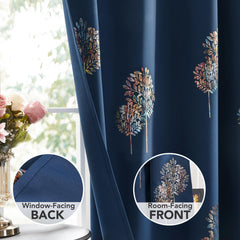 Room Darkening Curtains with Line Foil Print, Navy Blue, 2 Panels