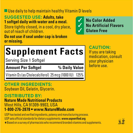 Nature Made Vitamin D3 1000 IU (25 mcg), 300 Vitamin D Softgels