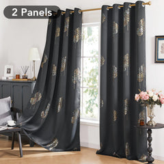 Room Darkening Curtains with Line Foil Print, Navy Blue, 2 Panels