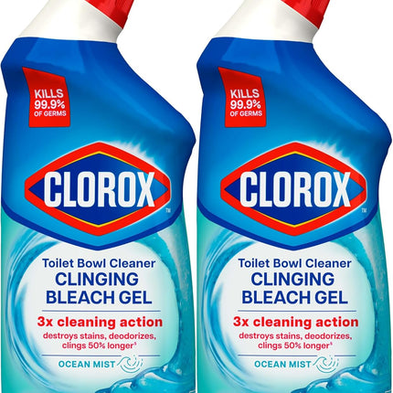 Clorox Toilet Bowl Cleaner Clinging Bleach Gel, Kills 99.9% of Bacteria and Viruses, Ocean Mist, 24 Fl Oz, Pack of 2