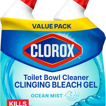 Clorox Toilet Bowl Cleaner Clinging Bleach Gel, Kills 99.9% of Bacteria and Viruses, Ocean Mist, 24 Fl Oz, Pack of 2