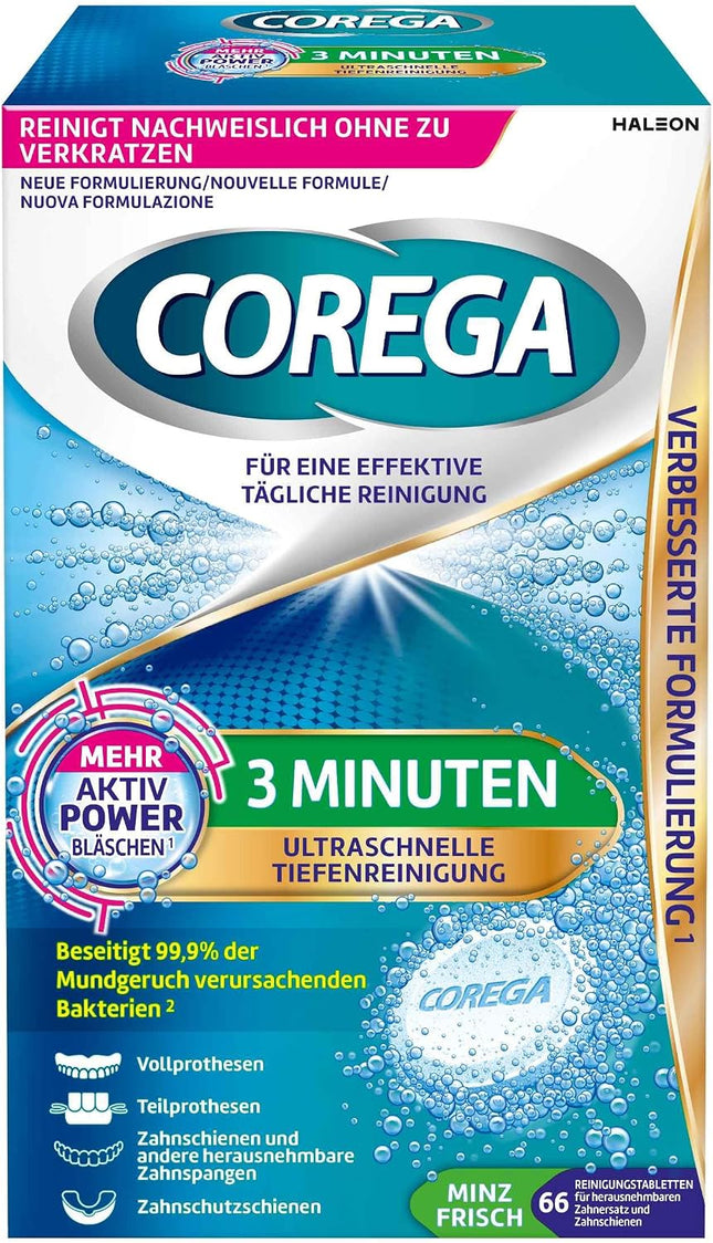 Corega 3 Minute Cleaning Tabs — 66 pcs, Dentures & Aligners
