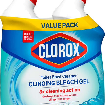 Clorox Toilet Bowl Cleaner Clinging Bleach Gel, Kills 99.9% of Bacteria and Viruses, Ocean Mist, 24 Fl Oz, Pack of 2