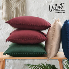 Velvet Throw Pillow Covers with Pom-Poms, 26x26 Inch
