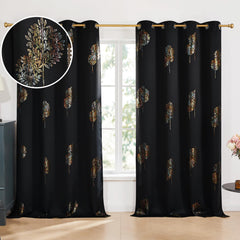 Room Darkening Curtains with Line Foil Print, Navy Blue, 2 Panels
