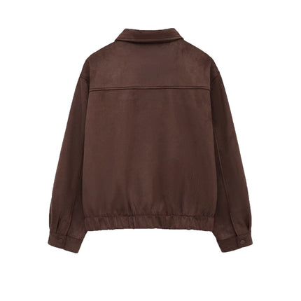 Brown Suede-Style Bomber Jacket