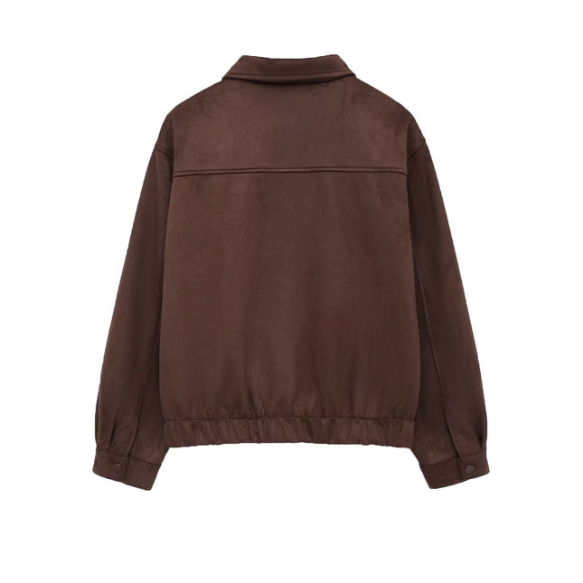Brown Suede-Style Bomber Jacket