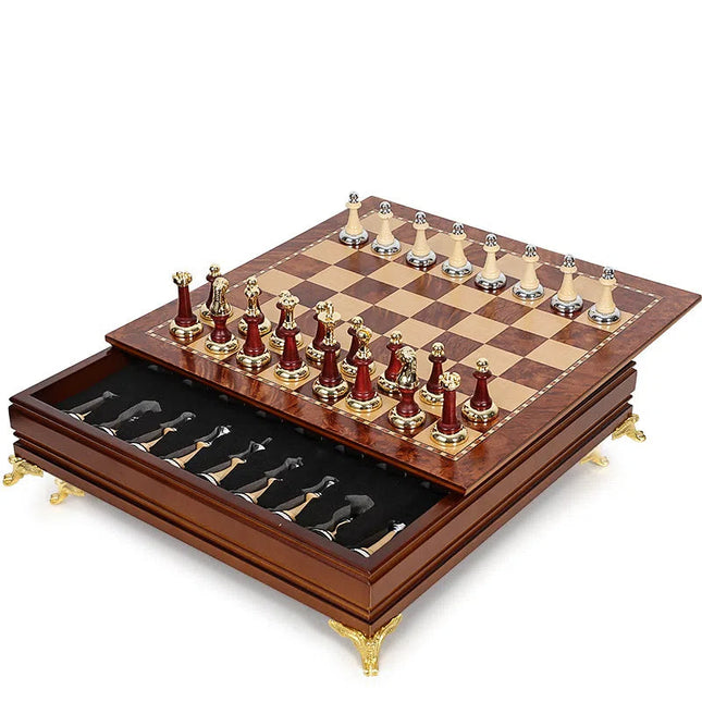 Luxury Metal & Solid Wood Chess Set | Large 40cm Tabletop Chessboard with Storage