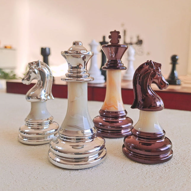 Premium Acrylic Chess Pieces Set | 9cm King Height | Burgundy & Silver Edition