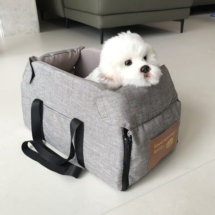 Portable Pet Car Seat – Elevated Dog & Cat Booster Seat, Armrest Carrier, Travel Safety Bag, Washable, Mesh Visibility Panel – Grey/Khaki, Small & Large