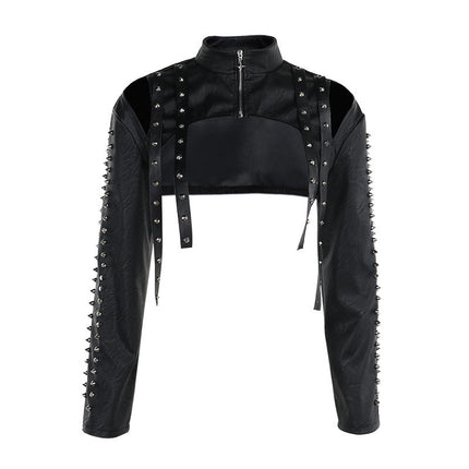 Black Faux-Leather Spiked Cutout Jacket