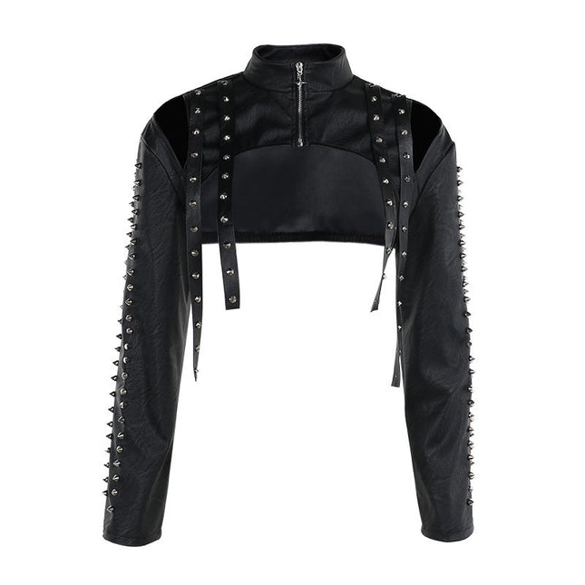 Black Faux-Leather Spiked Cutout Jacket