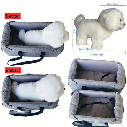 Portable Pet Car Seat – Elevated Dog & Cat Booster Seat, Armrest Carrier, Travel Safety Bag, Washable, Mesh Visibility Panel – Grey/Khaki, Small & Large