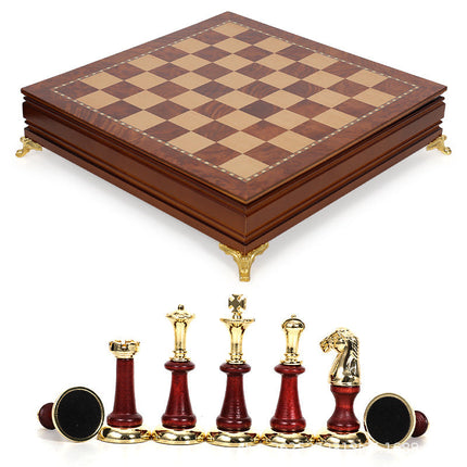 Luxury Metal & Solid Wood Chess Set | Large 40cm Tabletop Chessboard with Storage