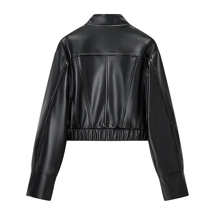 Black Faux-Leather Cropped Jacket