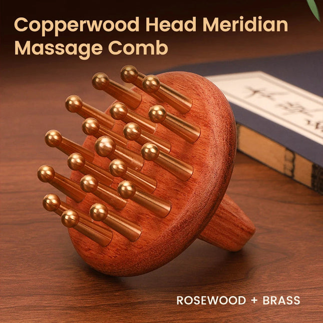 Copper Wood Meridian Massage Comb | Gua Sha Head & Scalp Therapy Tool for Body & Wood Therapy
