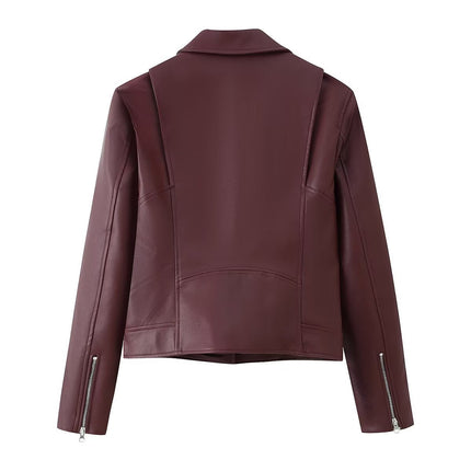 Burgundy Faux-Leather Moto Jacket