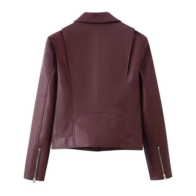Burgundy Faux-Leather Moto Jacket