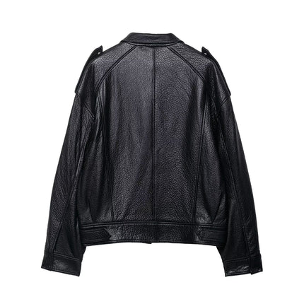 Textured Black Faux-Leather Biker Jacket
