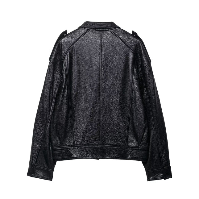 Textured Black Faux-Leather Biker Jacket