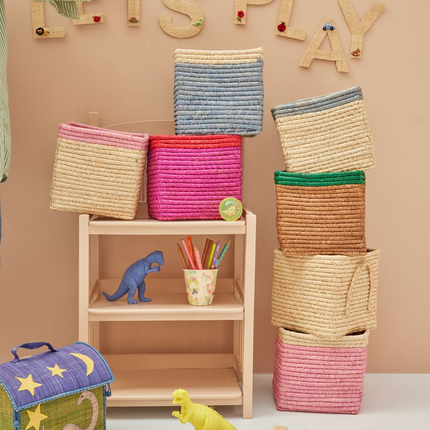 Small Square Raffia Storage Basket with a Pink Top