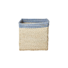 Small Square Raffia Storage Basket with a Blue Top