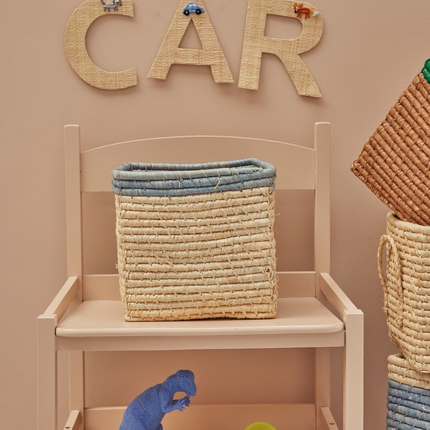 Small Square Raffia Storage Basket with a Blue Top