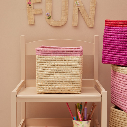 Small Square Raffia Storage Basket with a Pink Top