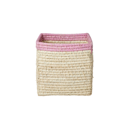 Small Square Raffia Storage Basket with a Pink Top