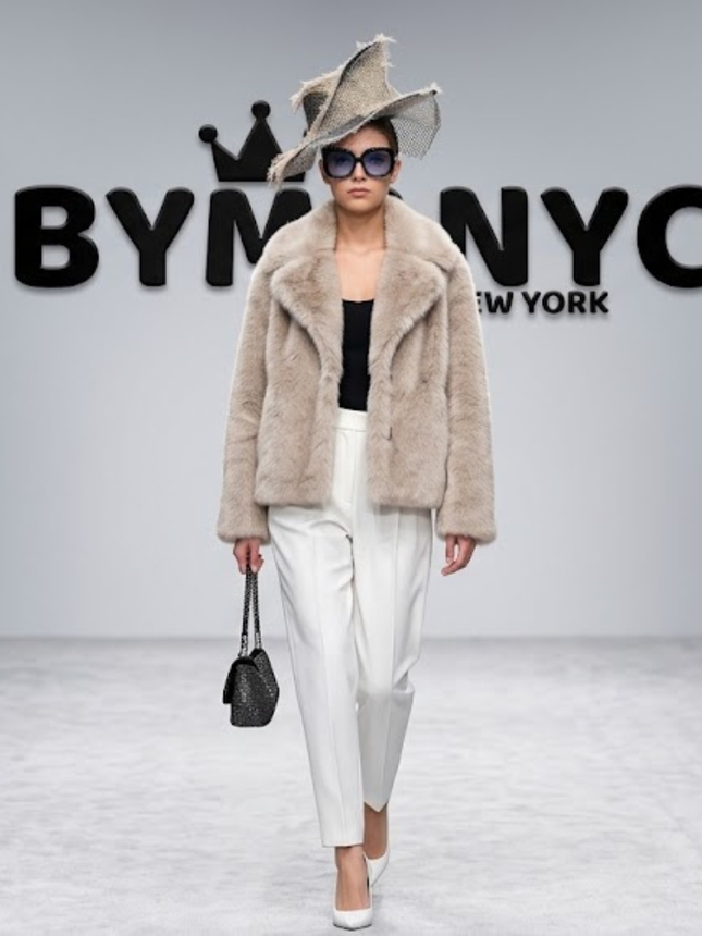 Beige-Taupe Faux-Fur Jacket with Notch Lapels