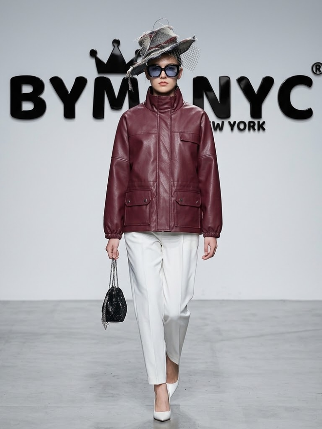 Burgundy Faux-Leather High-Neck Utility Jacket