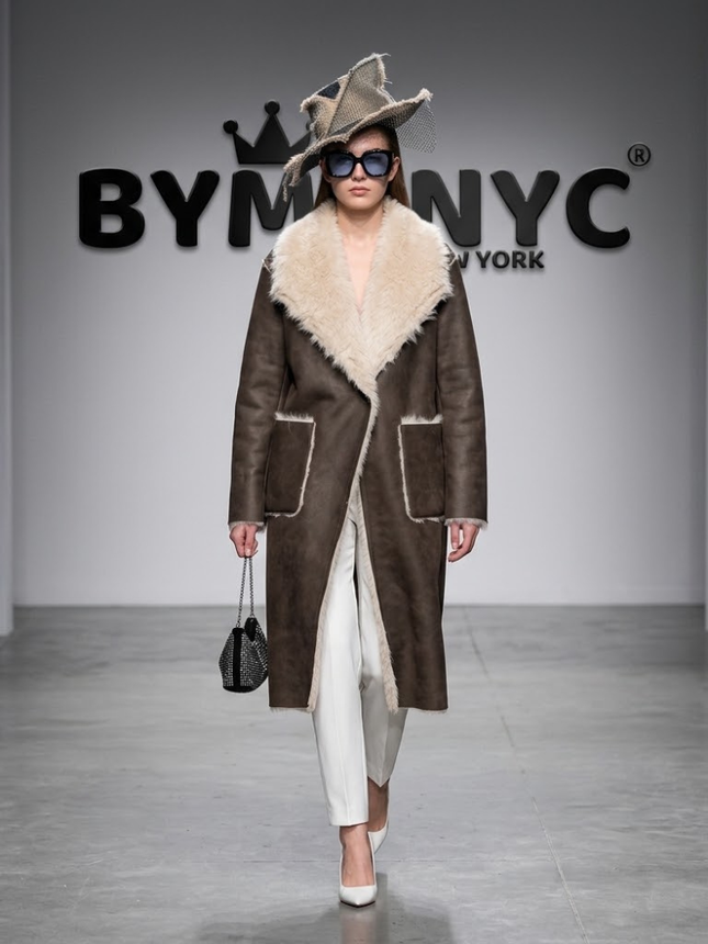 Long Faux-Shearling Coat with Cream Trim