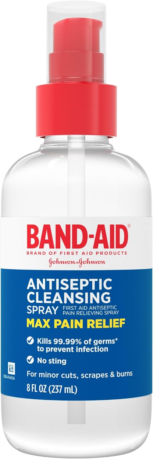 Band-Aid Brand Pain Relieving Antiseptic Cleansing Spray 8 fl oz bottle front view for minor wound care