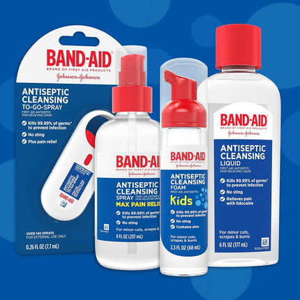 Band-Aid 8oz antiseptic cleansing spray with topical analgesic in a home first aid kit