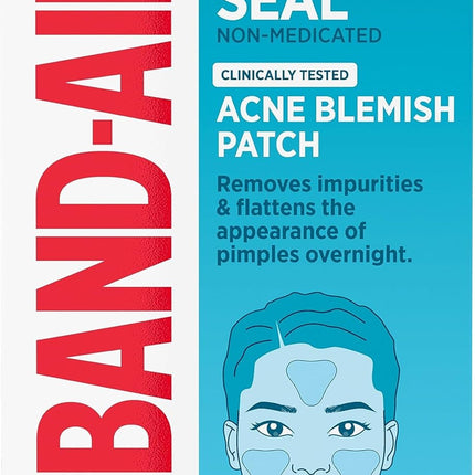 Band-Aid Hydro Seal non-medicated acne blemish patches, 7-count box with an illustration of facial patch placement.