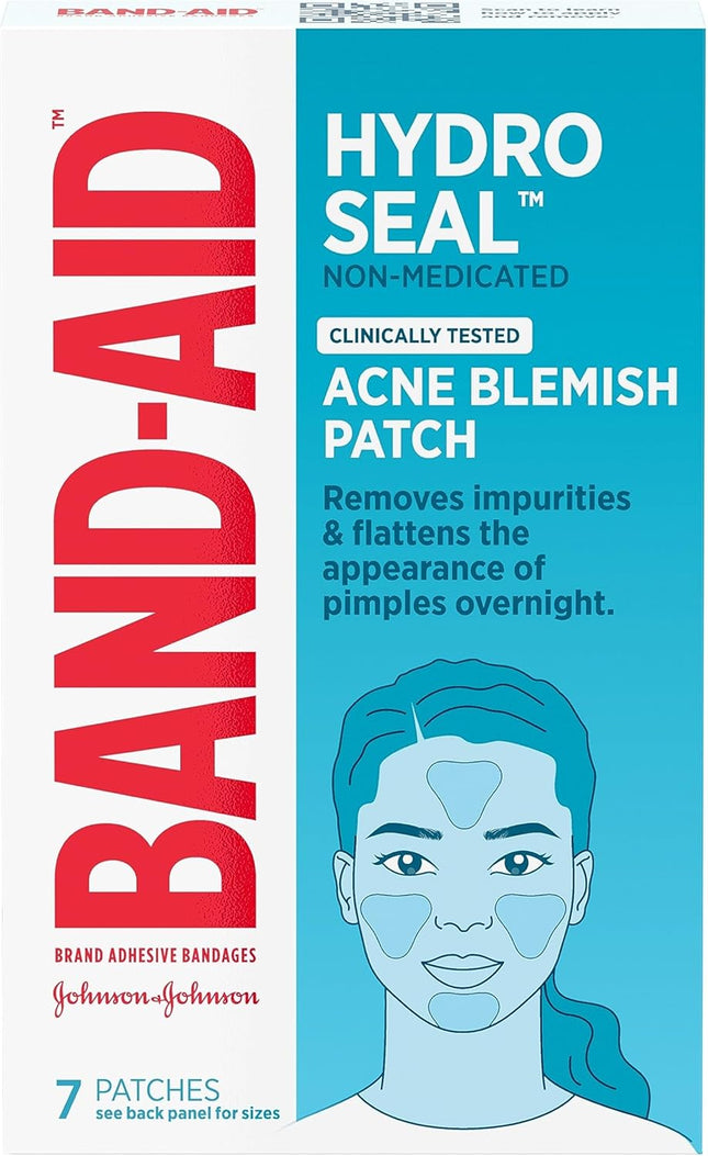 Band-Aid Hydro Seal non-medicated acne blemish patches, 7-count box with an illustration of facial patch placement.