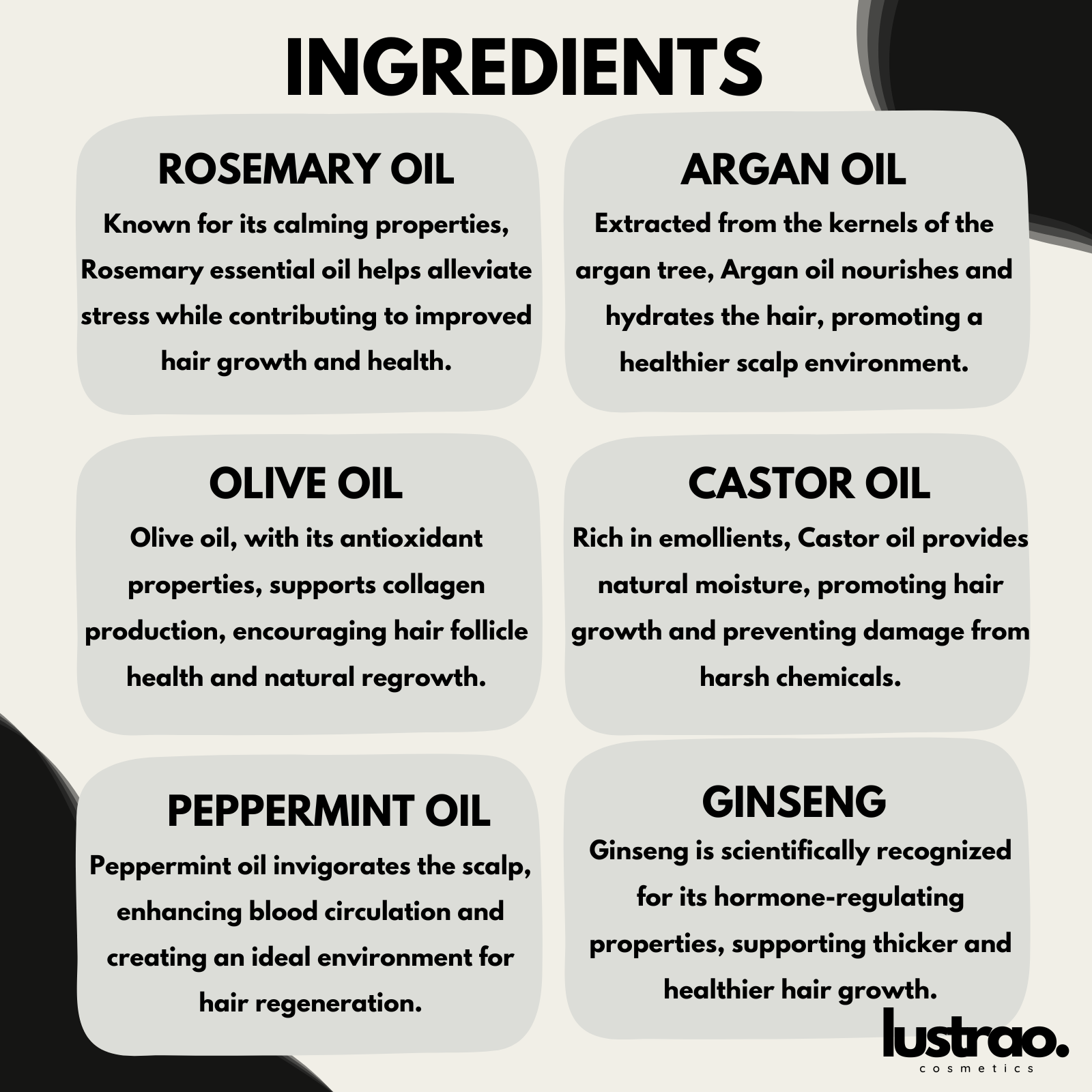 Lustrao Hair Regrowth Oil bottle with botanical ingredients like rosemary, peppermint, and ginseng