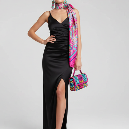 Black Backless V-Neck Slit Dress For Women, Fitted, Greenwich Village, BYMANYC New York.
