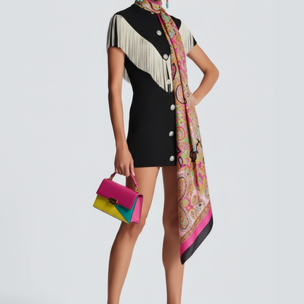 Black Mini Bodycon Dress with Button Tassel For Women, Meatpacking District, BYMANYC New York.