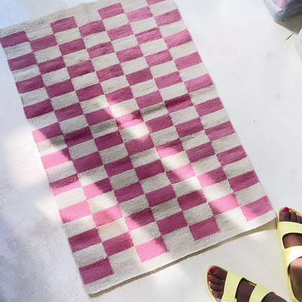 Zapotec Checkered Rug in Pink & Ivory