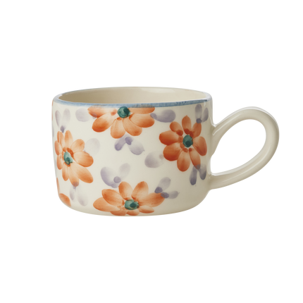 Ceramic Cappuccino Cup with Hand Painted Orange Flowers - 6.7 oz