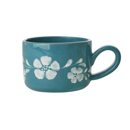 Ceramic Cappuccino Cup with Hand Painted White Flowers Vine - 6.7 oz