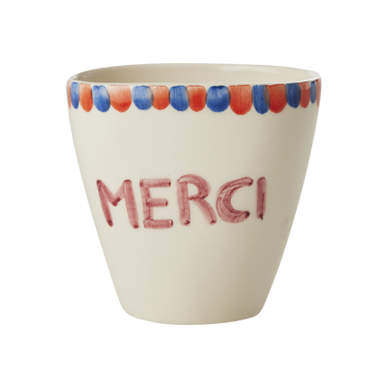 Ceramic Oval Cup with Hand Painted Merci - 10.1 oz