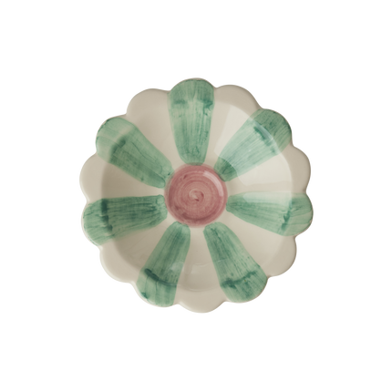 Ceramic Flower Dipping Bowl with Soft Green Hand Painted Stripes