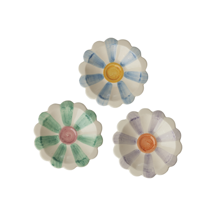 Ceramic Flower Dipping Bowl with Soft Green Hand Painted Stripes