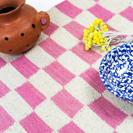 Zapotec Checkered Rug in Pink & Ivory