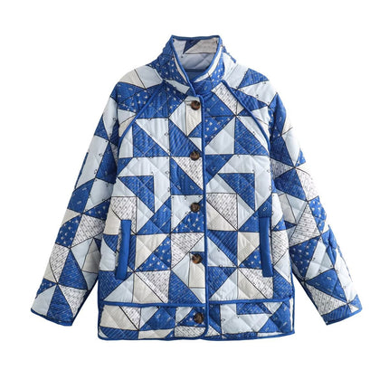 Blue & White Geometric Quilted Jacket