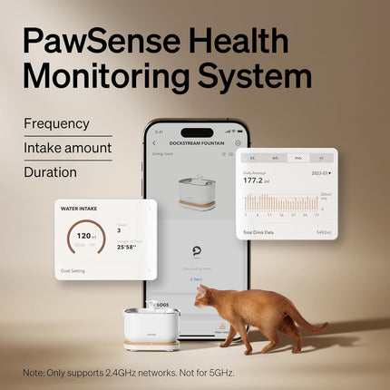 Dockstream Wireless Water Pump App Cat Fountain | Smart Stainless Steel Hydration System with App Tracking