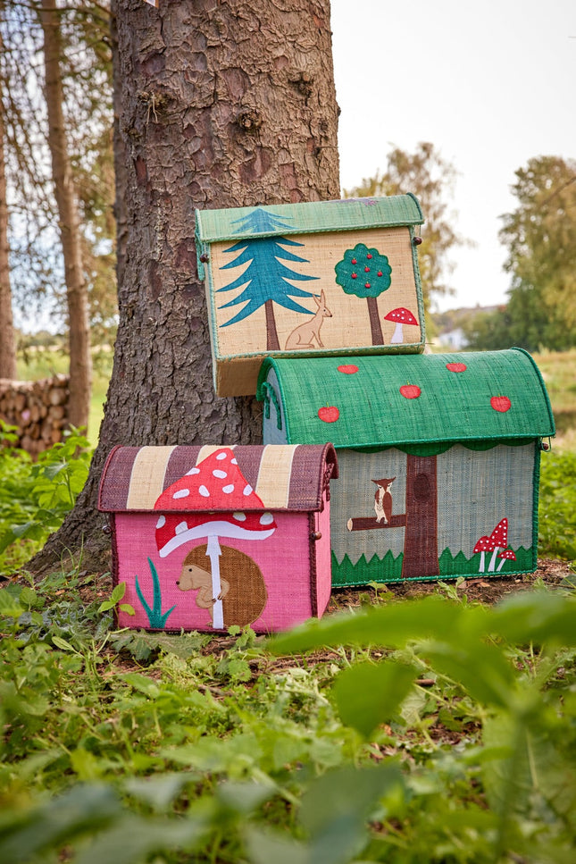 Raffia Toy Storage Baskets with Happy Forest Theme - Set of 3