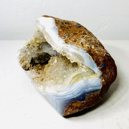 Natural Agate Geode with Translucent White Quartz Druzy Cavity – Freeform Display Specimen (3.1 lbs)